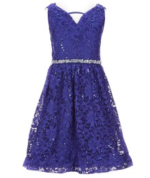 Bonnie Jean Cobalt Beaded Waist Sequin Embellished Lace Dress 
